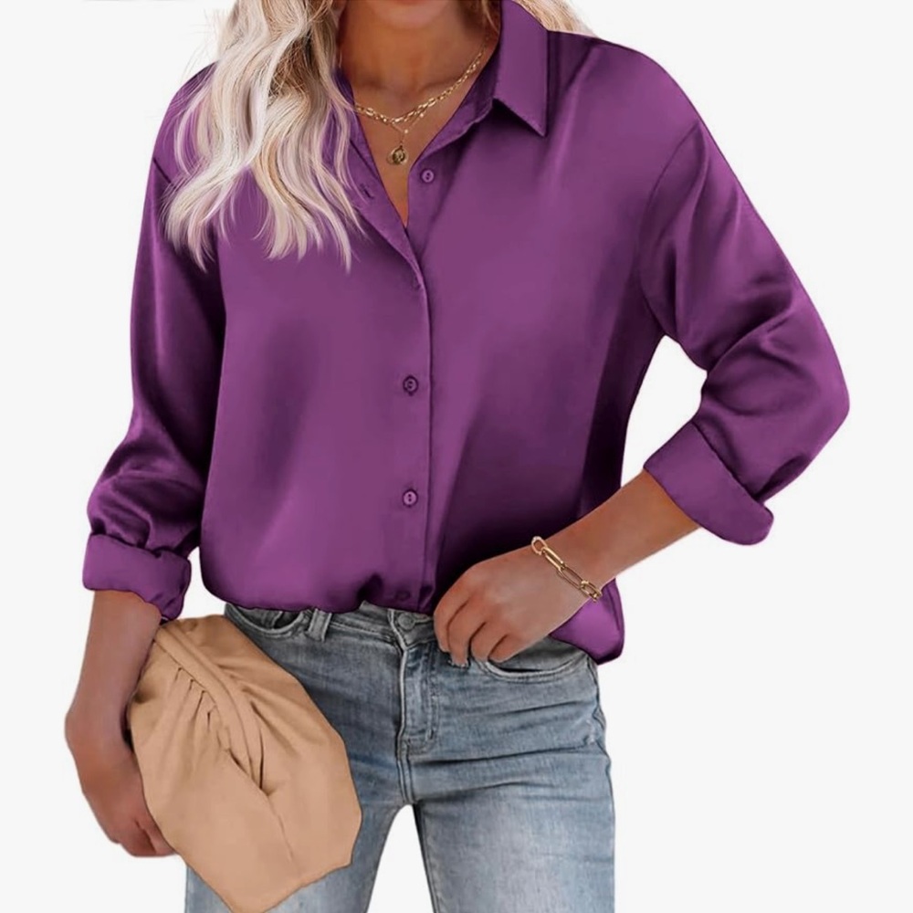 Satin Button-Down Blouse in Purple